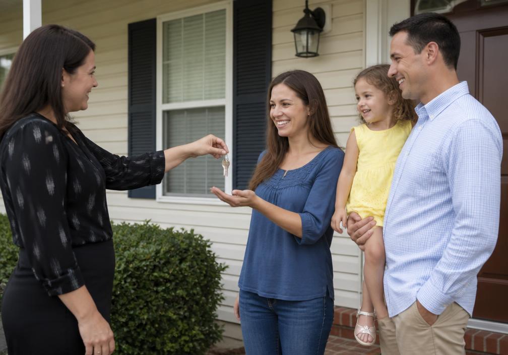 A Realtor handing house keys to clients at their new home