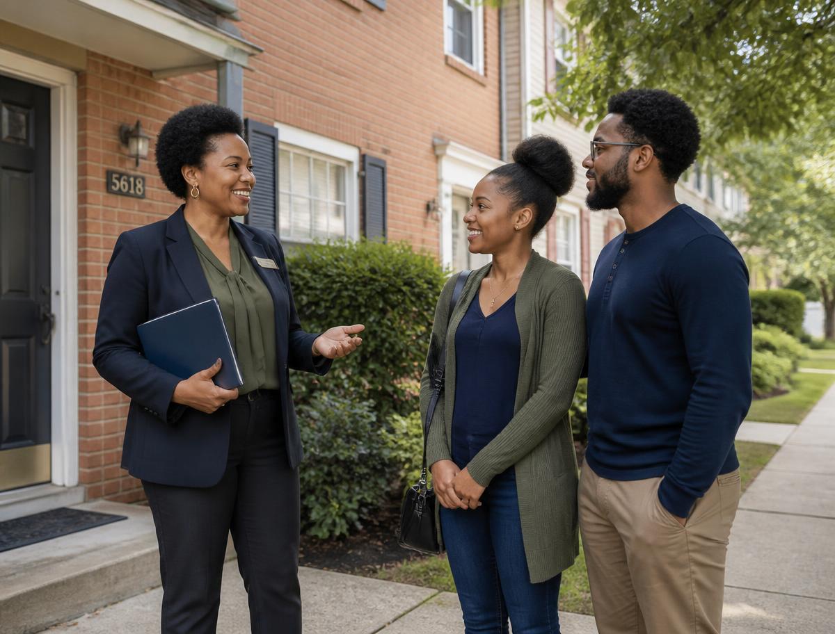 A Realtor speaking with a couple outside their Northern Virginia home
